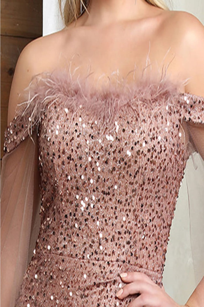 Royal Queen RQ8012 Semi-Sweetheart Mesh Feathers Pageant Dress