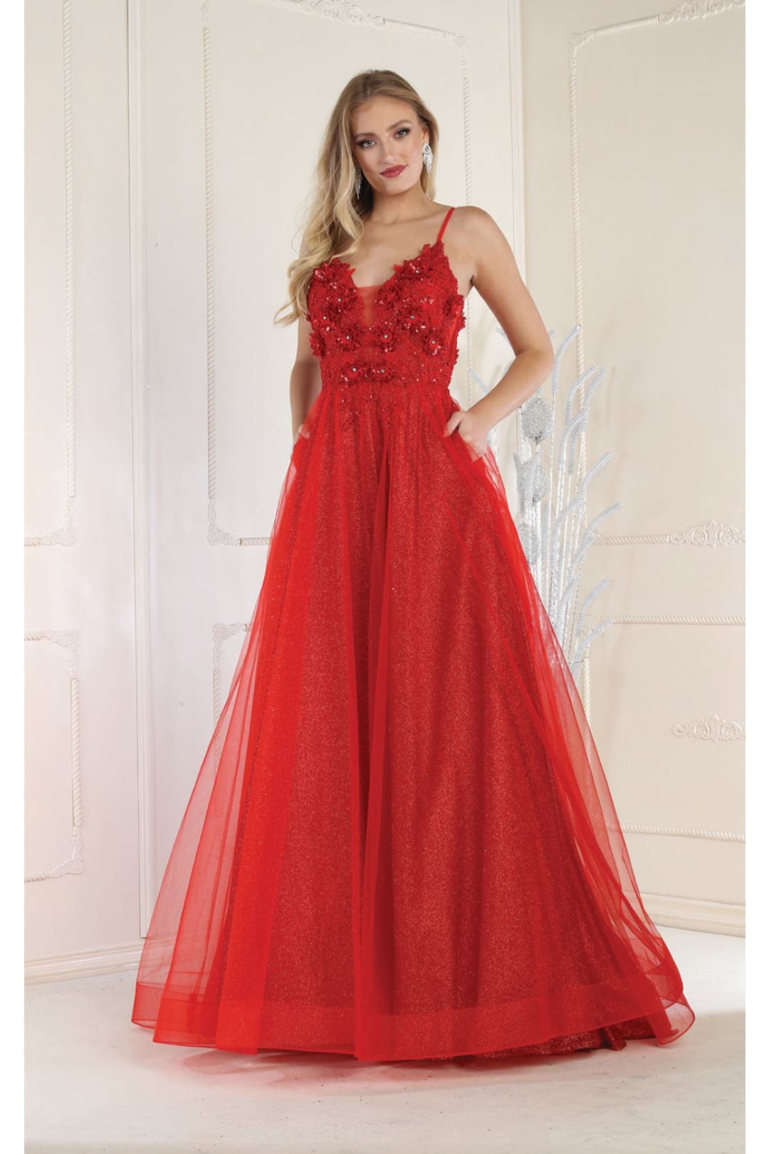 Royal Queen RQ8024 Spaghetti Straps Floral Applique Long Pageant Gown