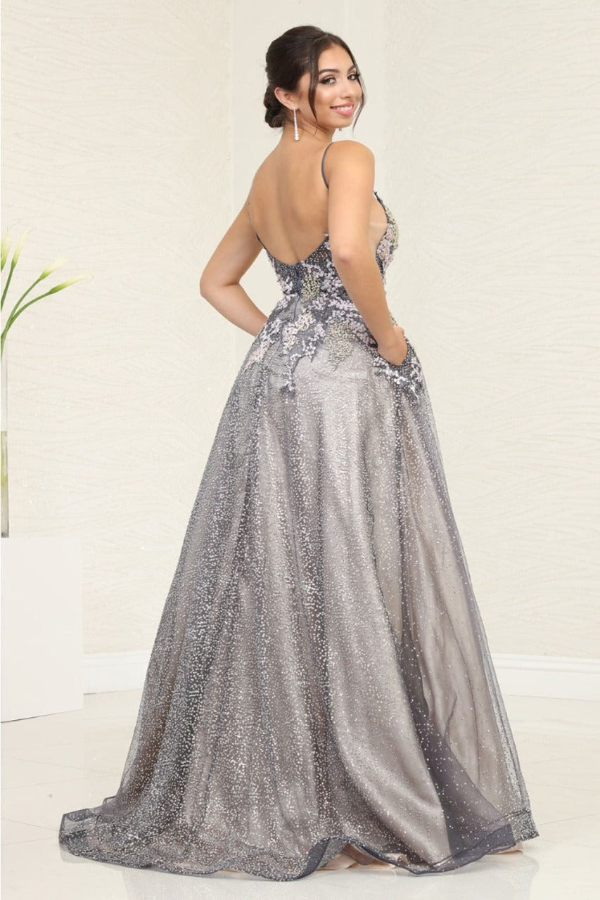 Royal Queen RQ8035 Plunging V-Neck Charcoal/ Nude A-Line Gala Gown