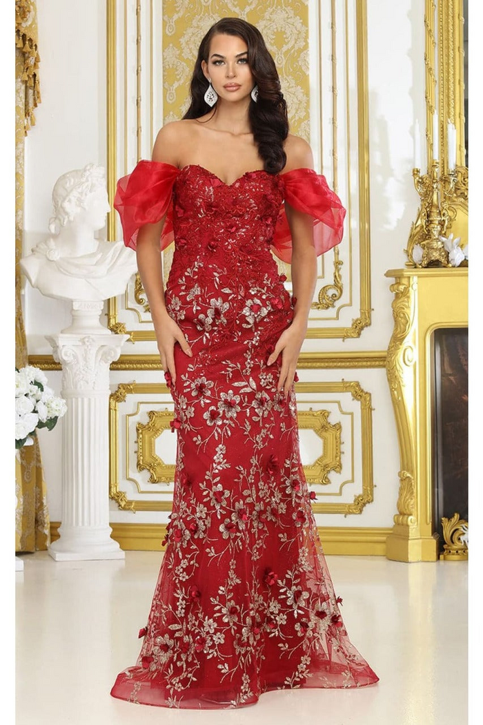 Off Soulder 3D Floral Applique Red Carpet Dress-New Collection