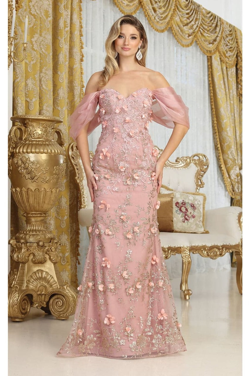 Off Soulder 3D Floral Applique Red Carpet Dress-New Collection