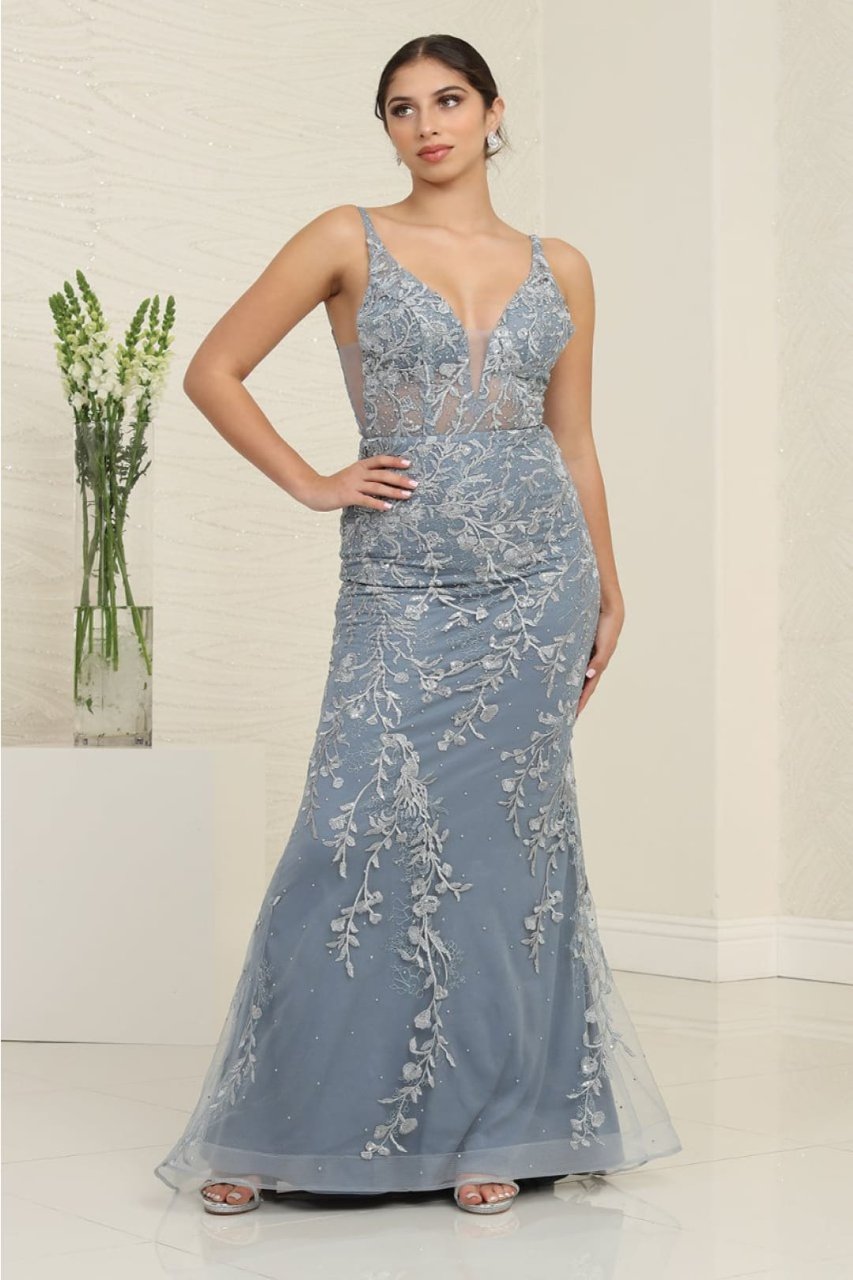 Royal Queen RQ8047 Floral Embroidery Sheath Long Prom Evening Dress