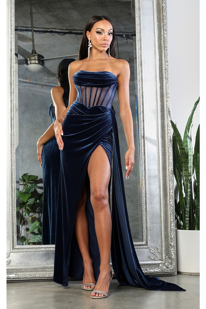 Royal Queen RQ8049 Strapless Velvet Sheer Bodice Prom Long Gown