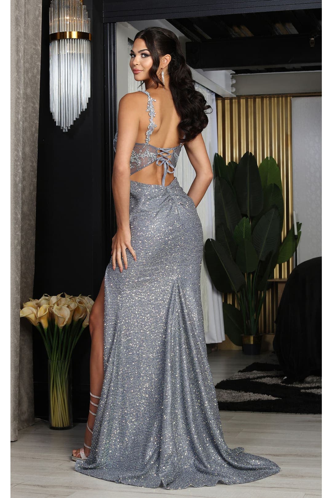 Royal Queen RQ8067 Cut Out Back Slit Sheer Bodice Formal Prom Dress
