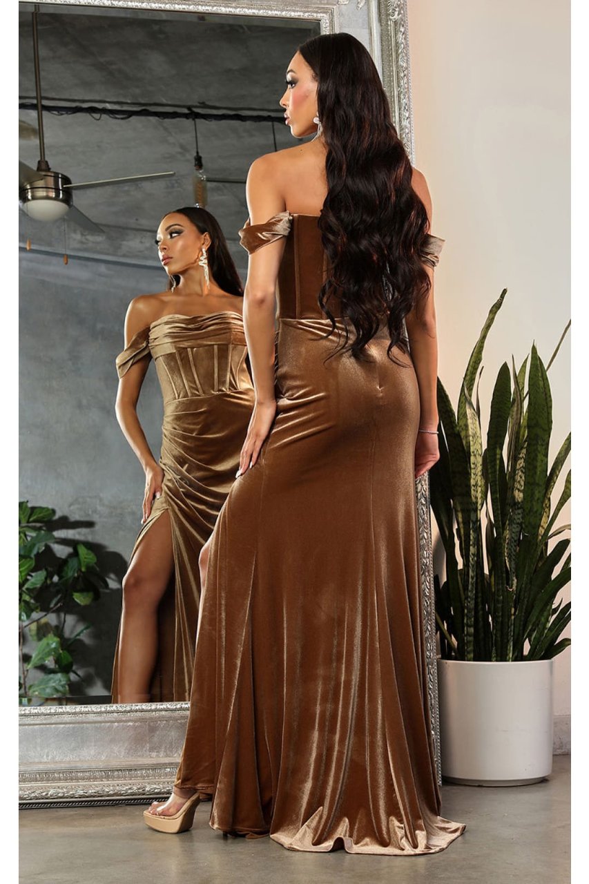 Off-Shoulder Velvet Corset Gown with High Slit Elegant Formal Prom by Royal Queen RQ8069