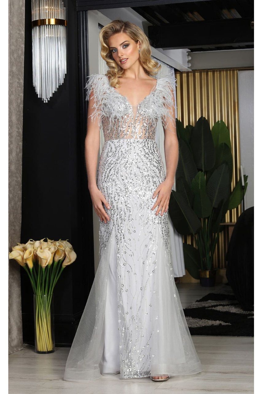 V-Neck Corset Bodice Feather Evening Long Dress