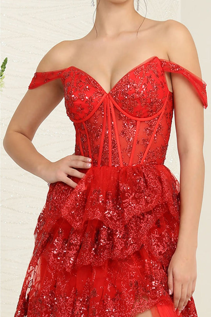Royal Queen RQ8115 Off-Shoulder Ruffle Sheer Bodice Prom Gown