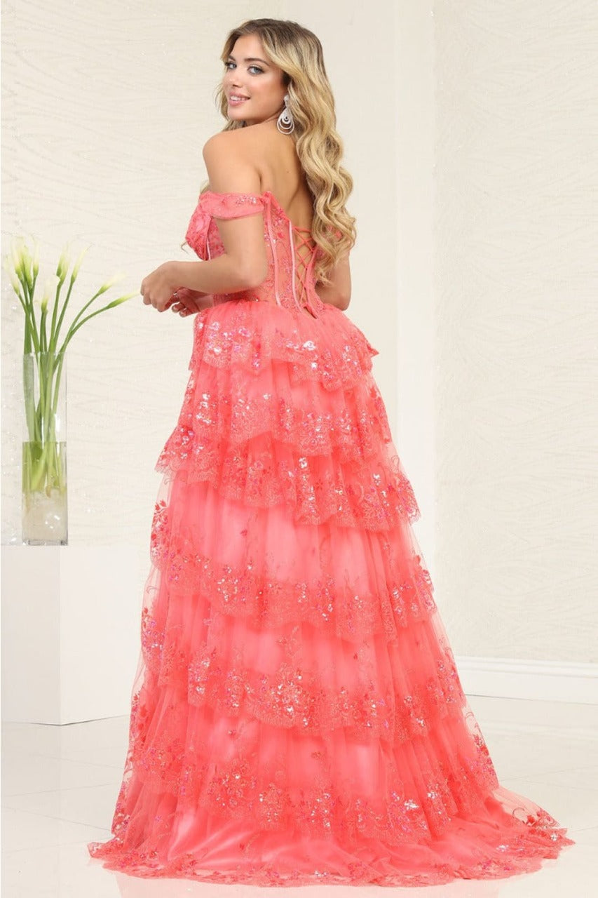 Royal Queen RQ8115 Off-Shoulder Ruffle Sheer Bodice Prom Gown