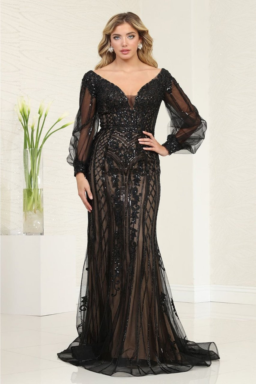 Royal Queen RQ8125 Sequin V-Neck Long Sleeve Evening Gown