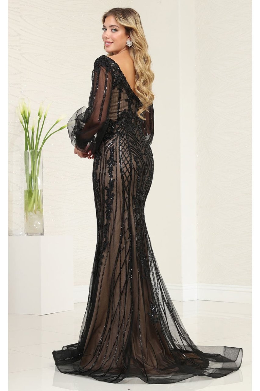 Royal Queen RQ8125 Sequin V-Neck Long Sleeve Evening Gown