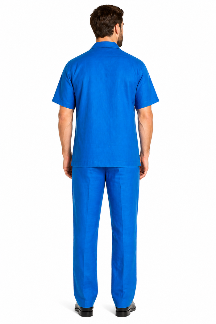 Men's Short Sleeve 2 Piece Casual Two Piece Mens Walking Outfit For Sale Pant Sets Set With Long Pants 100% Linen Royal Shirt
