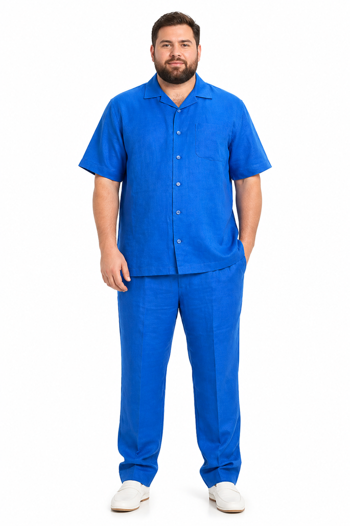 Men's Short Sleeve 2 Piece Casual Two Piece Mens Walking Outfit For Sale Pant Sets Set With Long Pants 100% Linen Royal Shirt