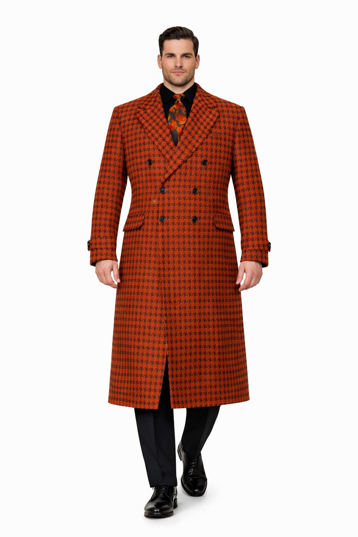 Men's Full Length Top Coat - Wide Fashion Lapel Rust Houndstooth