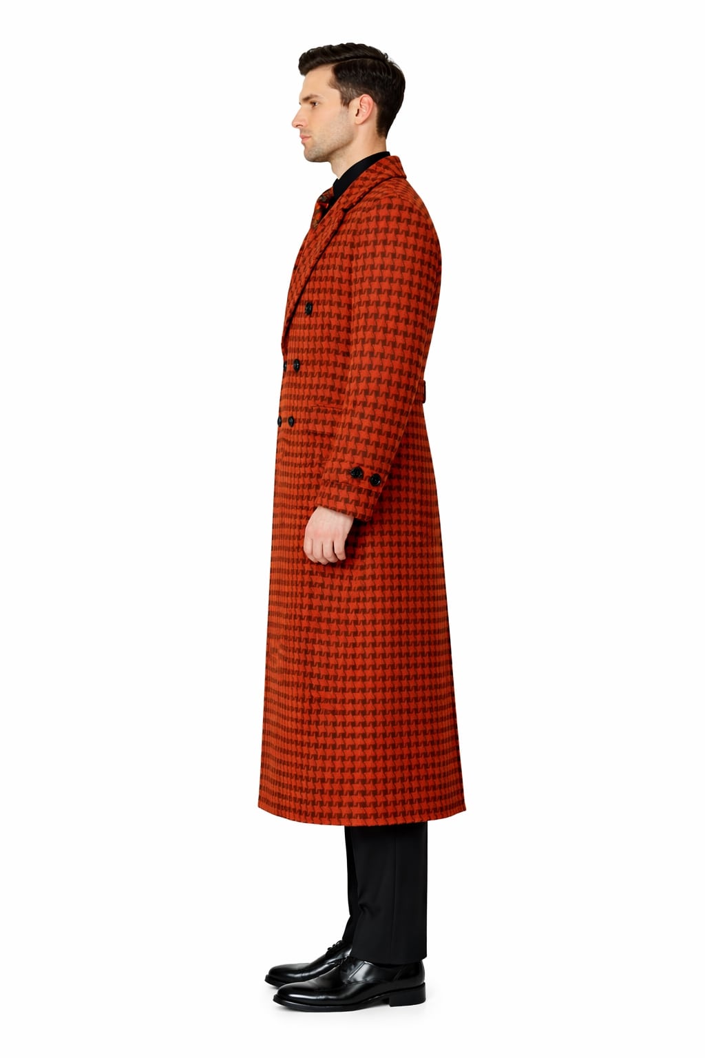 Men's Full Length Top Coat - Wide Fashion Lapel Rust Houndstooth