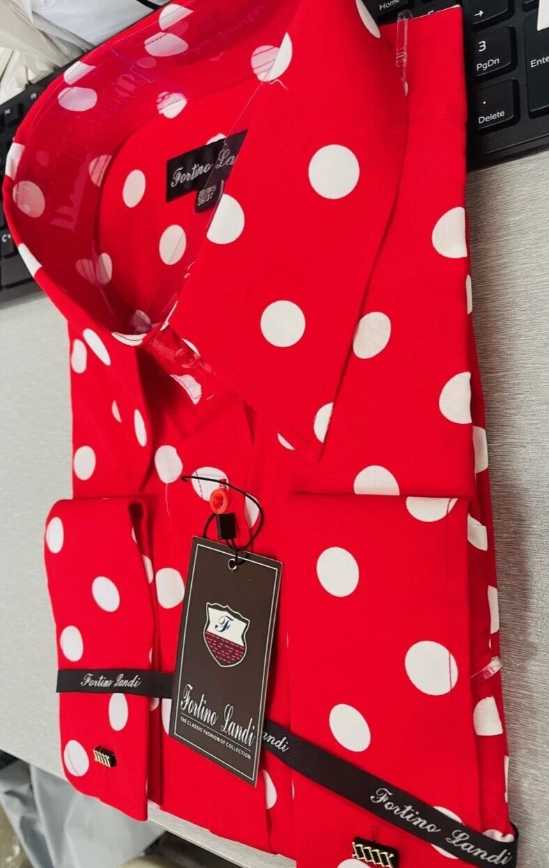 red and white polka dot dress shirt Red White Polka Dots Long Sleeve Men Button up Shirt, Guys Male Print  Buttoned Down Collared Graphic Casual Dress Plus Size Shirt