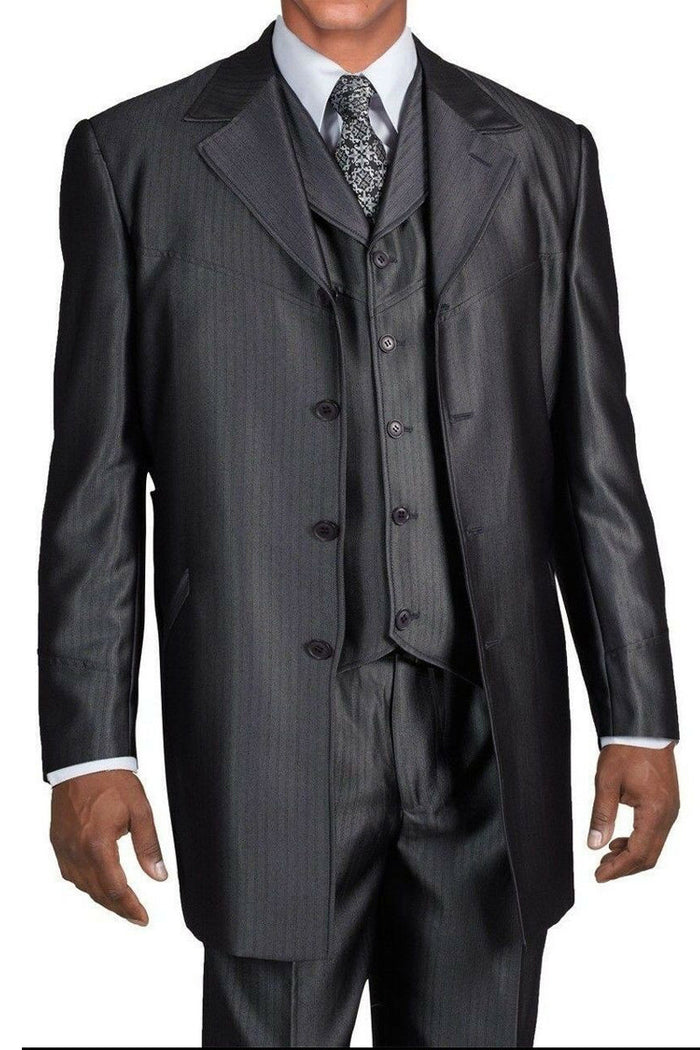 Mens 4 Button Vested Shiny Sharkskin Zoot Suit in Charcoal