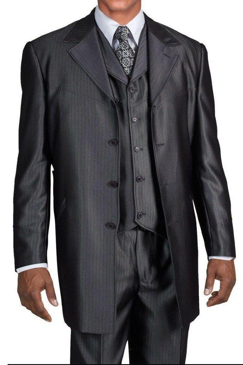 Mens 4 Button Vested Shiny Sharkskin Zoot Suit in Charcoal