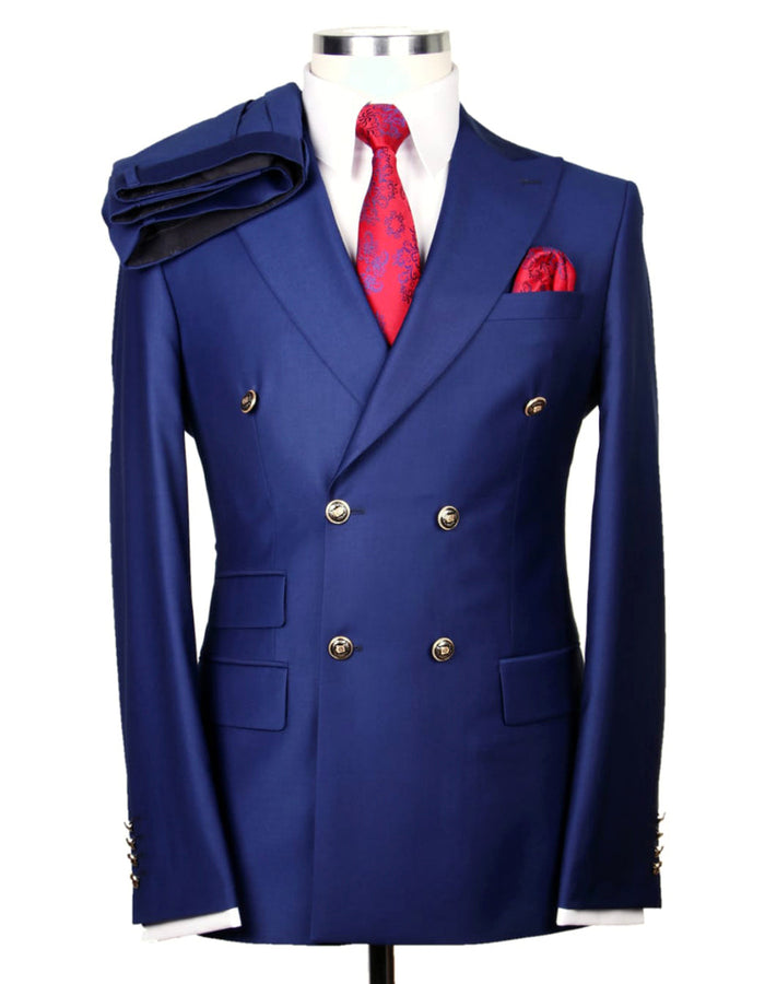 Indigo Blue Double Breasted Wool Suit with Gold Buttons