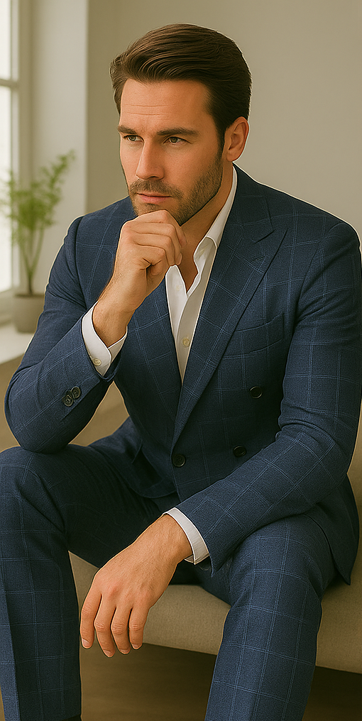 Italian Made Double Breasted Wool Plaid Suit