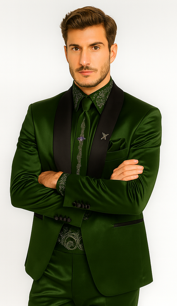 Sateen Fabric Suit - Shiny Tuxedo - Prom Suit - Groom Tuxedos - Olive Green
