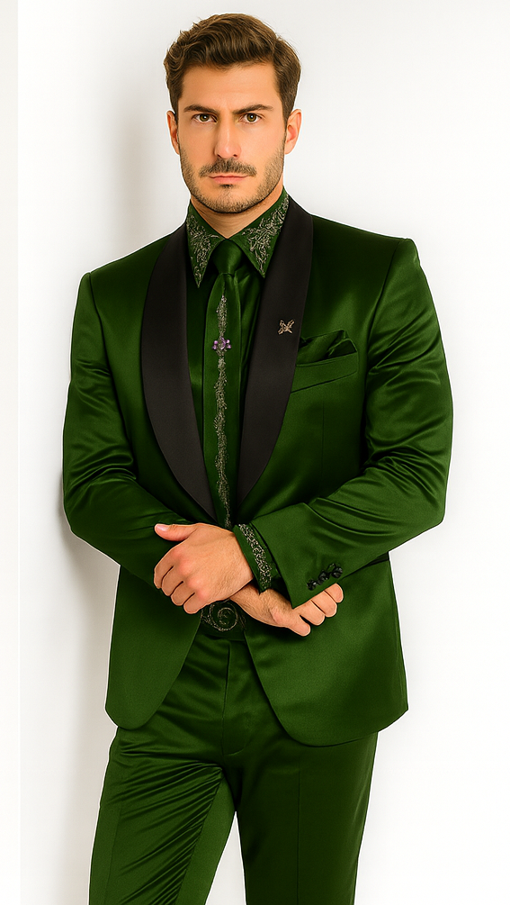Sateen Fabric Suit - Shiny Tuxedo - Prom Suit - Groom Tuxedos - Olive Green