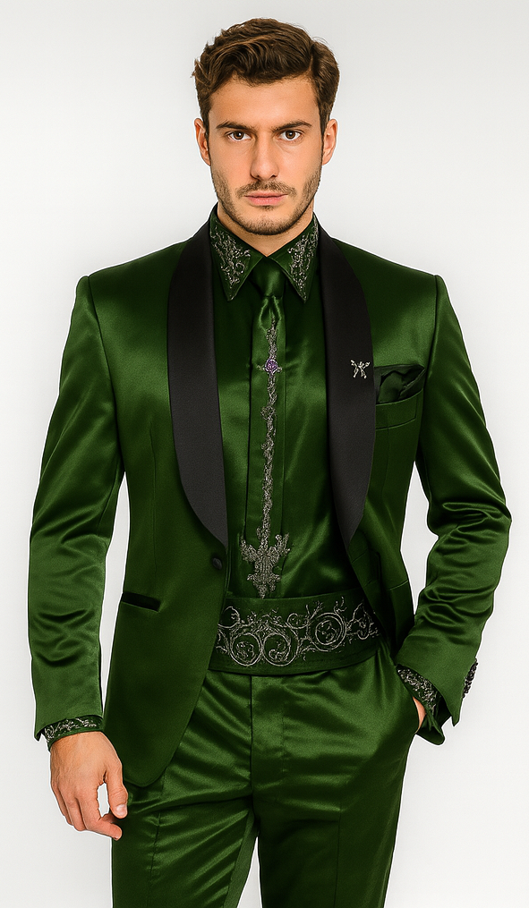 Sateen Fabric Suit - Shiny Tuxedo - Prom Suit - Groom Tuxedos - Olive Green