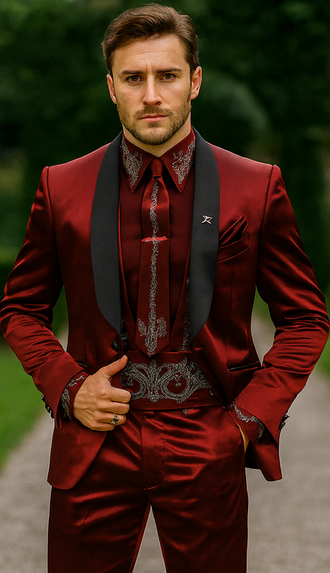 Sateen Fabric Suit - Shiny Tuxedo - Prom Suit - Groom Tuxedos - Red