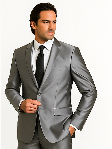 Sateen Metallic Shiny Men's 2 Button Silver Slim Fit Shark Skin Suit Tuxedo looking Men's Sharkskin Suit