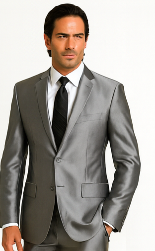 Sateen Metallic Shiny Men's 2 Button Silver Slim Fit Shark Skin Suit Tuxedo looking Men's Sharkskin Suit