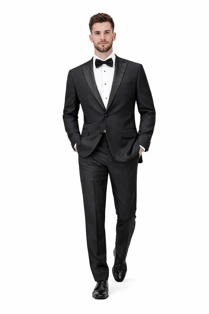 Mens Tiglio Modern Fit Black Wool Tuxedo – Classic Satin Lapel Formal Suit