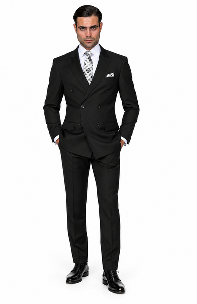 Men's Classic Double Breasted Wool Suit Black