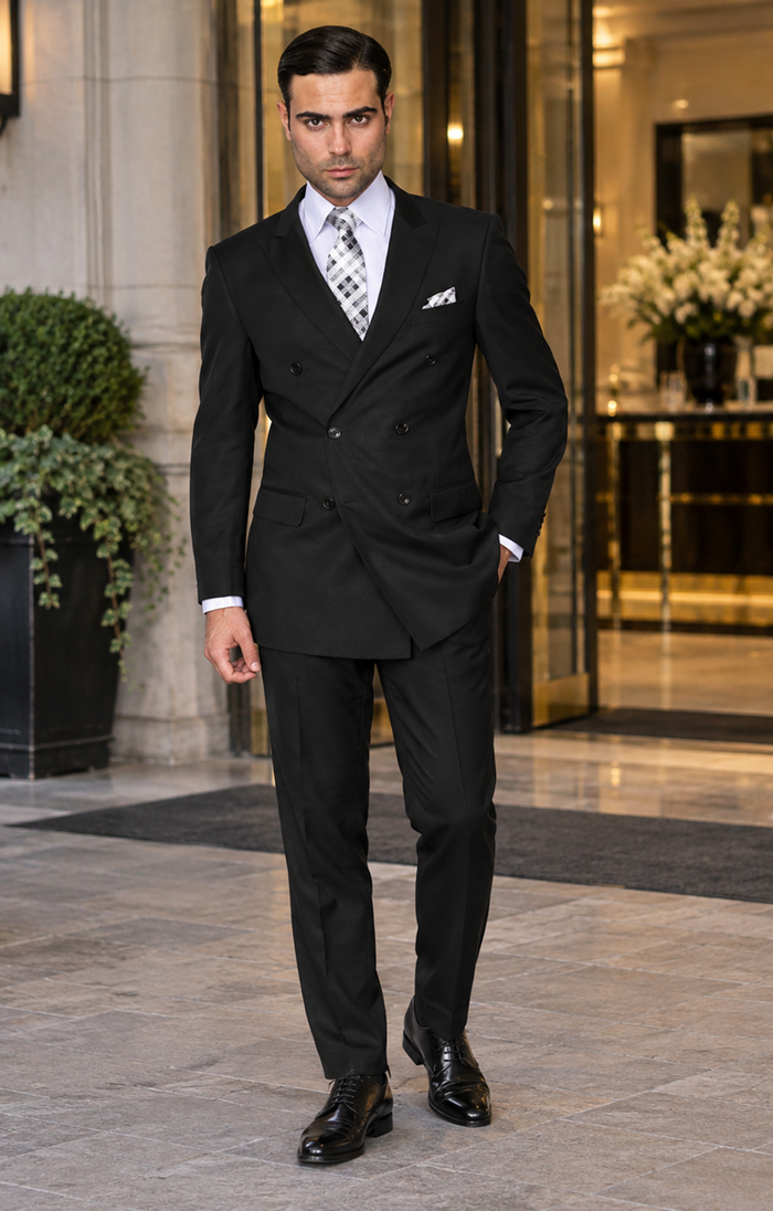 Men's Classic Double Breasted Wool Suit Black