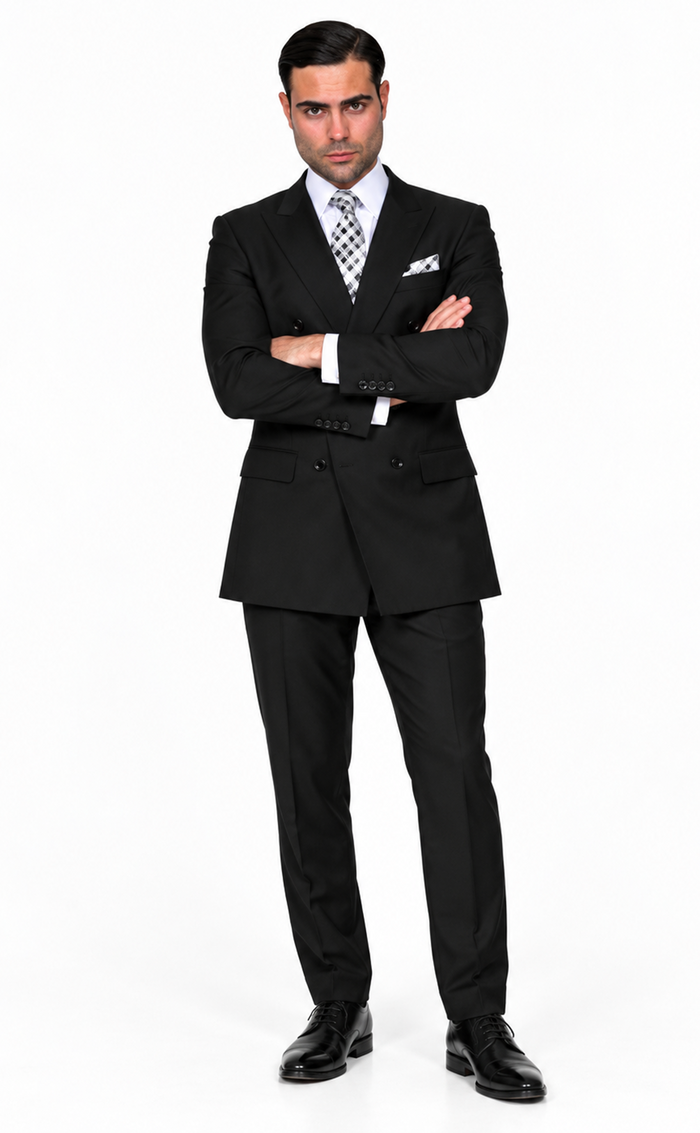 Men's Classic Double Breasted Wool Suit Black