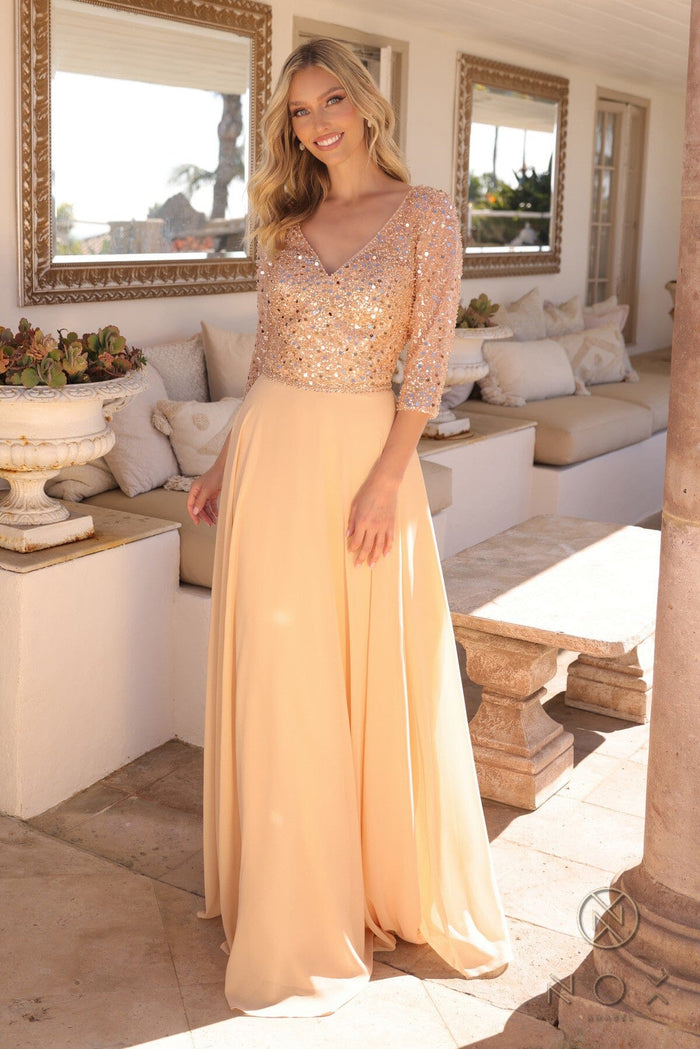 Nox Anabel MF103 Glamorous Sequin Bodice A-Line Gown with 3/4 Sleeves