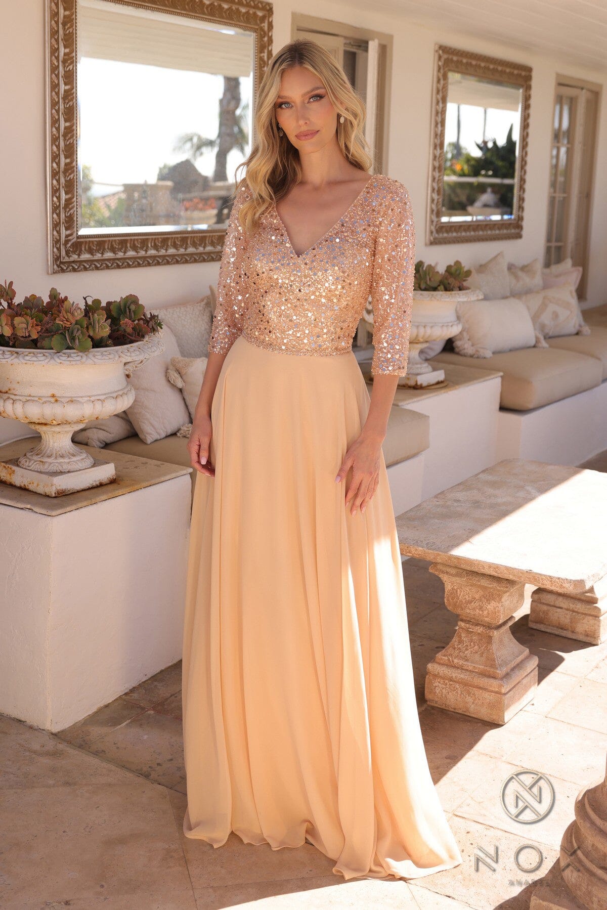 Nox Anabel MF103 Glamorous Sequin Bodice A-Line Gown with 3/4 Sleeves