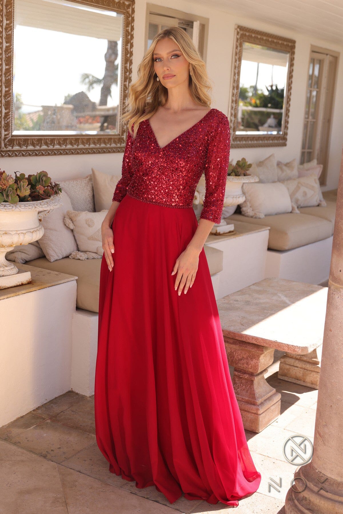 Nox Anabel MF103 Glamorous Sequin Bodice A-Line Gown with 3/4 Sleeves