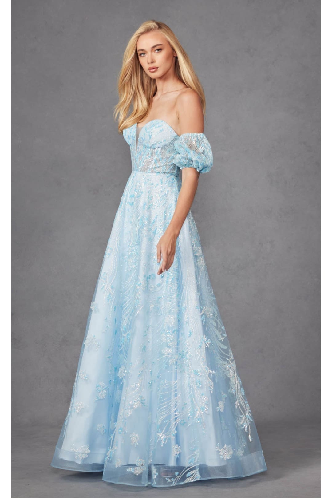 Sequin Print Corset Gown with Puff Sleeves by Juliet 2404