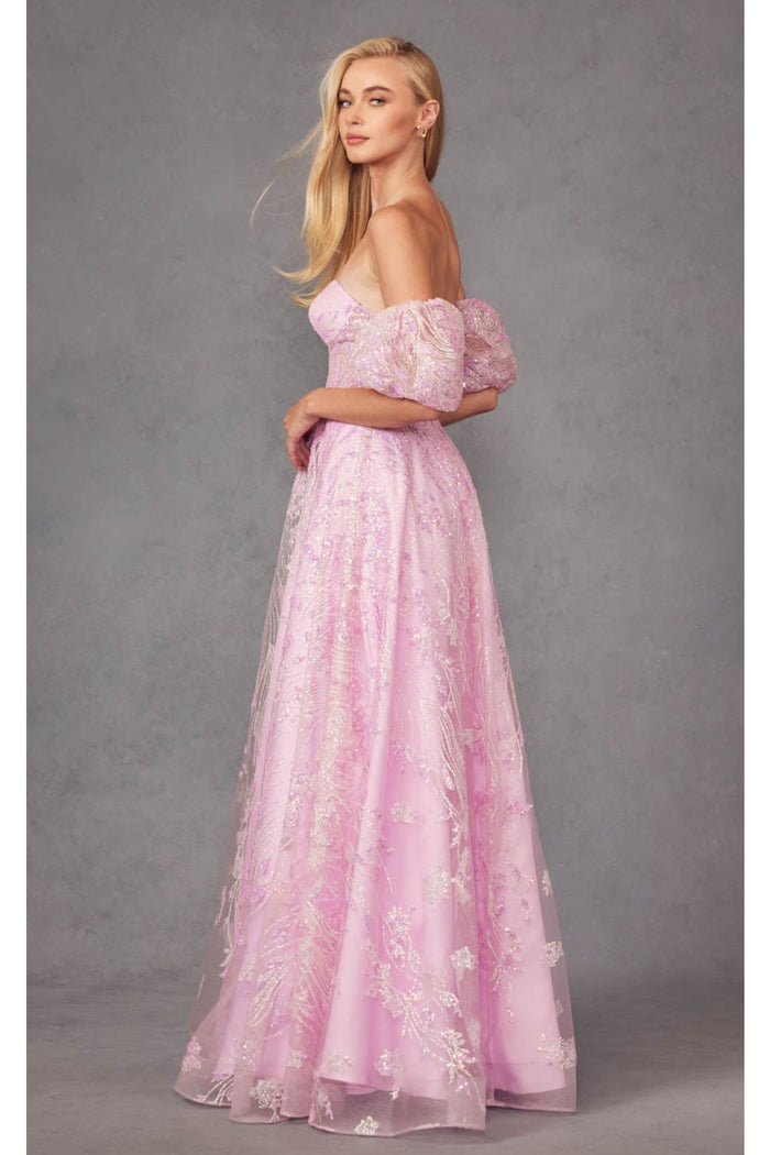 Sequin Print Corset Gown with Puff Sleeves by Juliet 2404