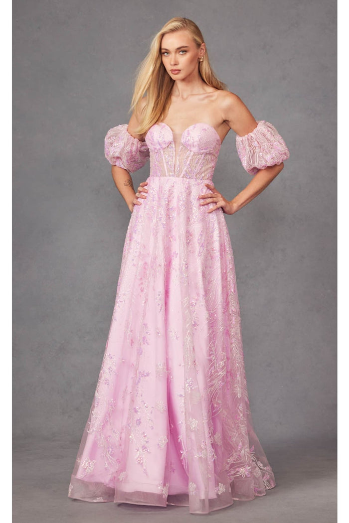 Sequin Print Corset Gown with Puff Sleeves by Juliet 2404