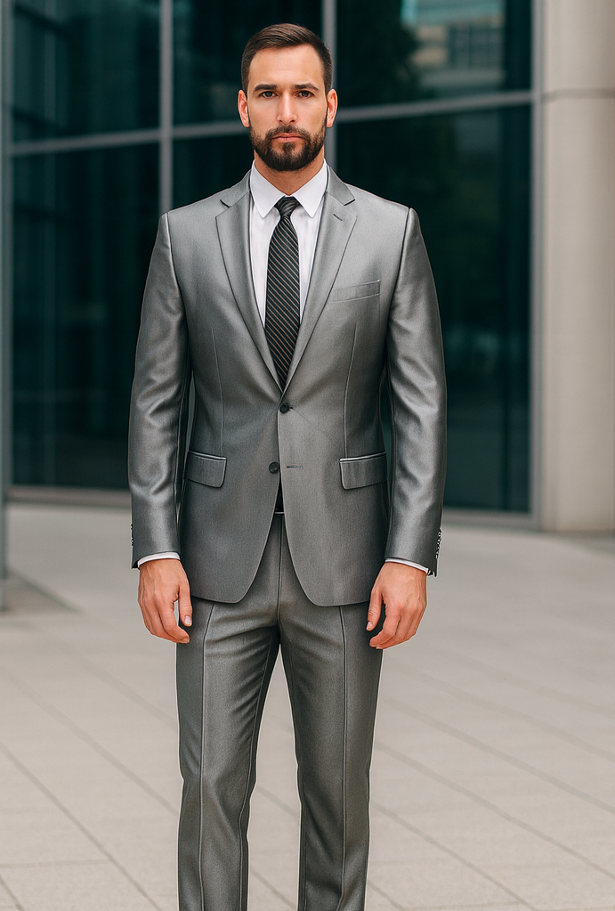 Shiny 2 Button Silver Grey ~ Gray Flashy Sharkskin Men's Cheap Priced Business Suits Clearance Sale