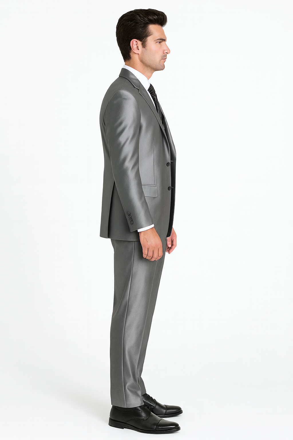 Shiny 2 Button Silver Grey ~ Gray Flashy Sharkskin Men's Cheap Priced Business Suits Clearance Sale