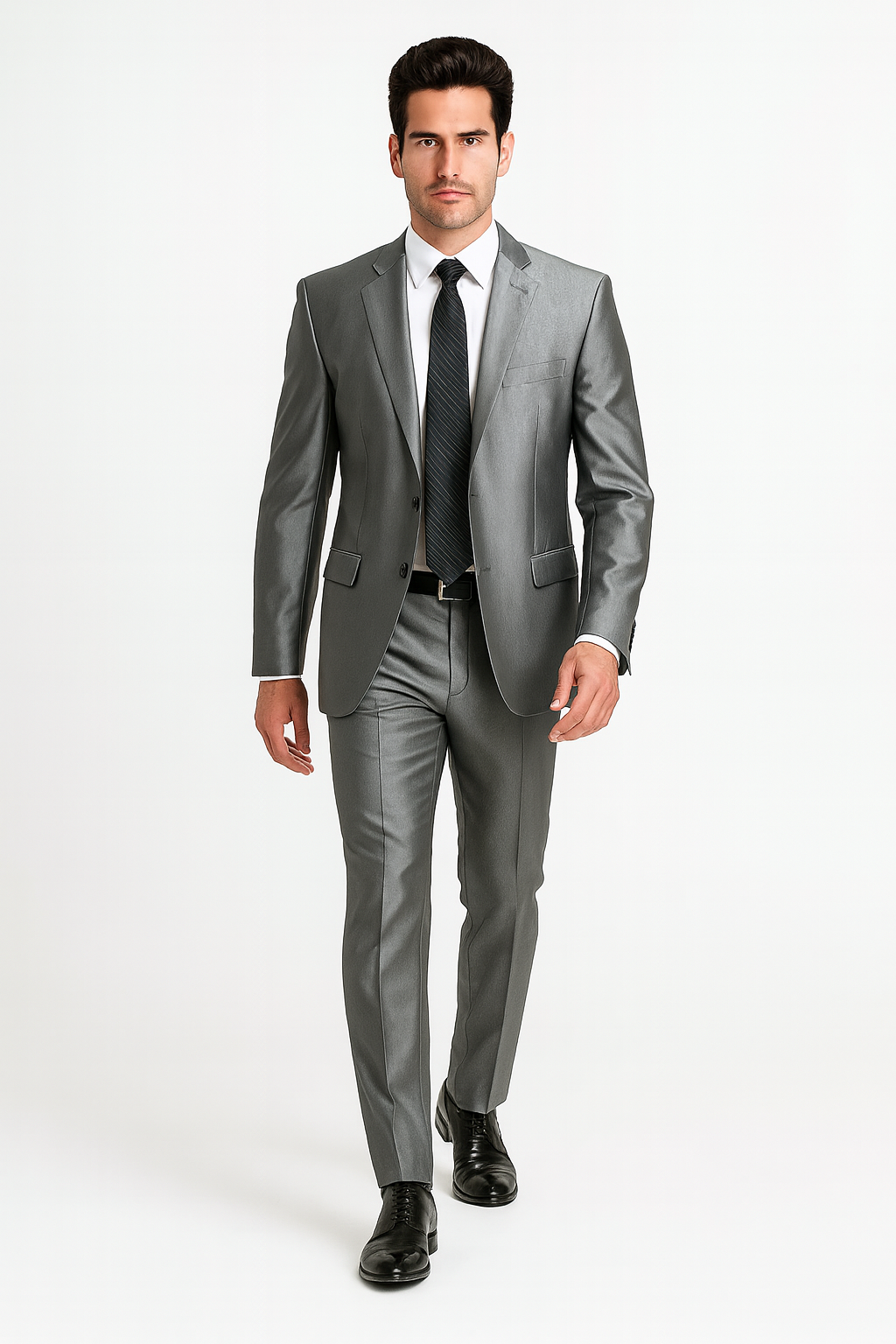 Shiny 2 Button Silver Grey ~ Gray Flashy Sharkskin Men's Cheap Priced Business Suits Clearance Sale