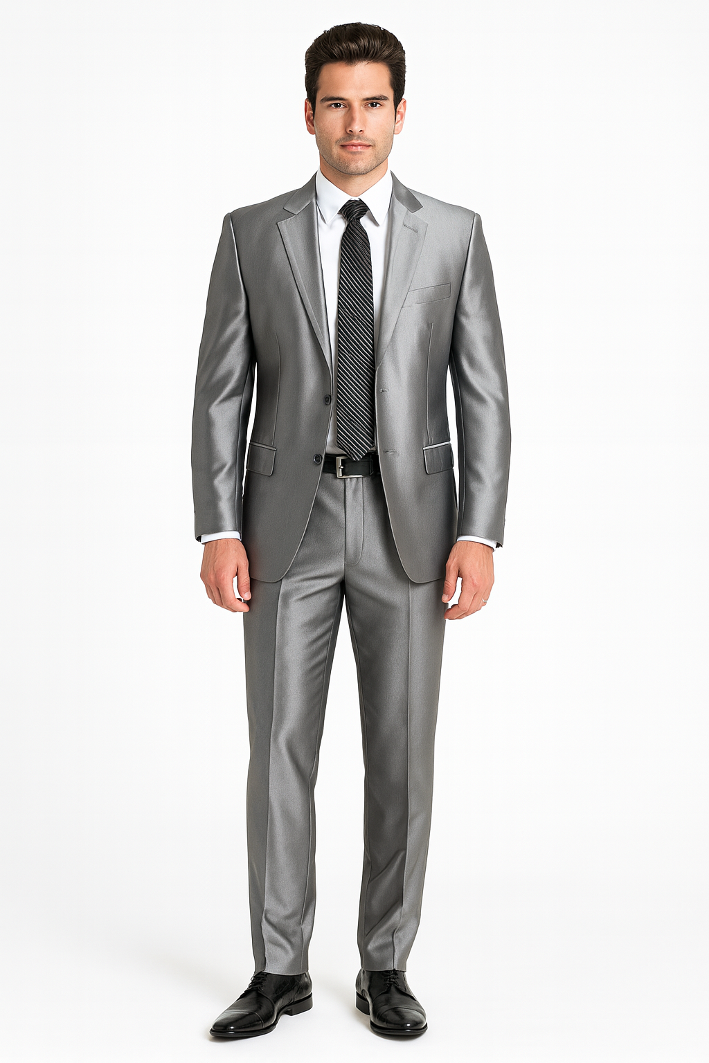 Shiny 2 Button Silver Grey ~ Gray Flashy Sharkskin Men's Cheap Priced Business Suits Clearance Sale