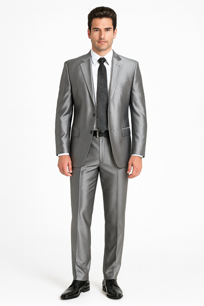 Shiny 2 Button Silver Grey ~ Gray Flashy Sharkskin Men's Cheap Priced Business Suits Clearance Sale