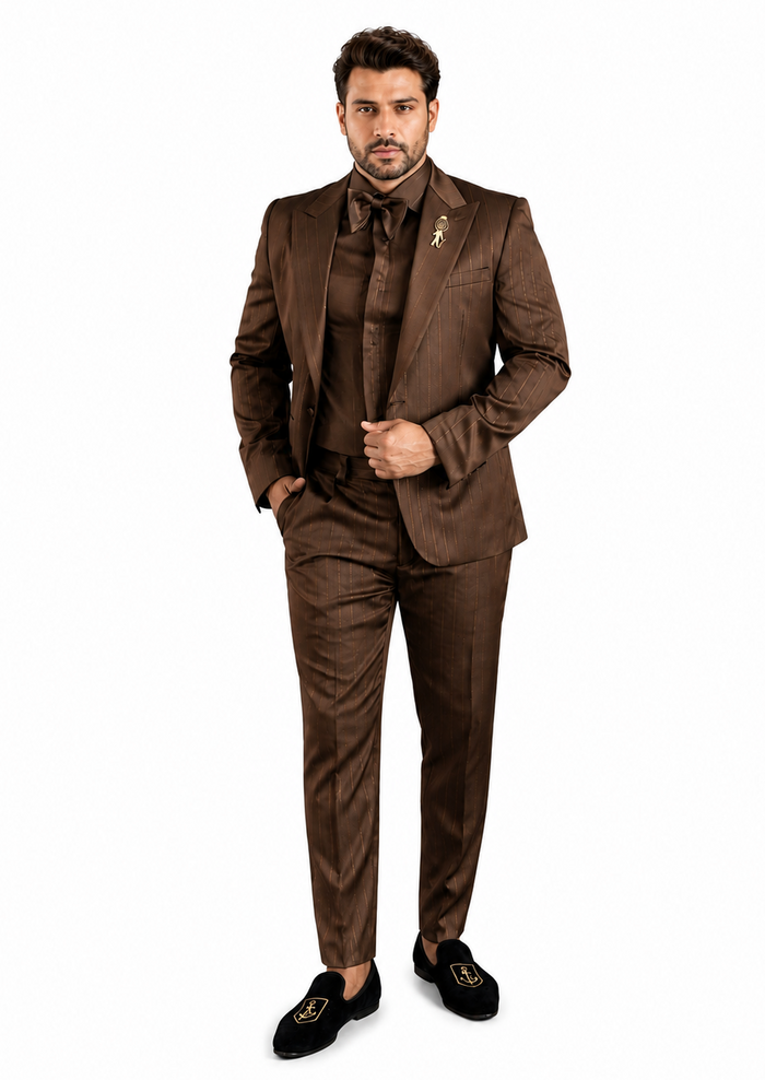 Rossiman Men’s Brown Metallic Pinstripe 4 Piece Suit, Satin Charmeuse Shirt and Tie Set
