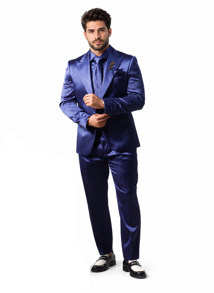 Shiny Satin Charmeuse Metallic Stripe Sheen Monochromatic Pinstripe Suit By Rossiman in Color Navy Tailored Fit + Matching Shirt Tie (4-Piece)