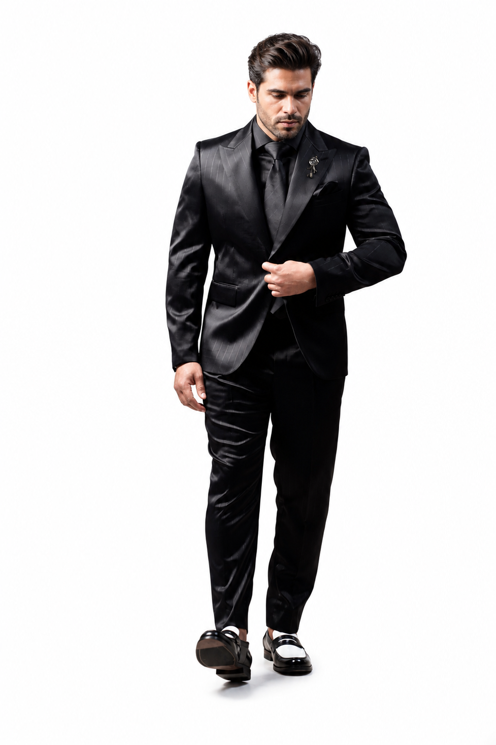 Shiny Satin Charmeuse Metallic Stripe Sheen Monochromatic Pinstripe Suit By Rossiman in Color Black Tailored Fit + Matching Shirt Tie (4-Piece)