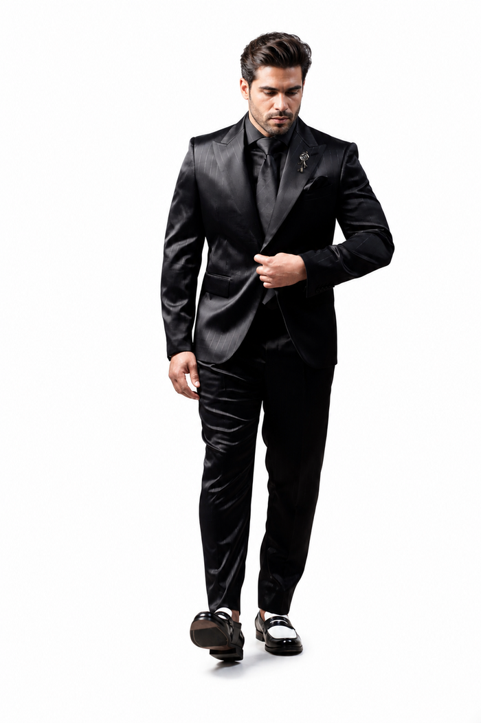 Shiny Satin Charmeuse Metallic Stripe Sheen Monochromatic Pinstripe Suit By Rossiman in Color Black Tailored Fit + Matching Shirt Tie (4-Piece)