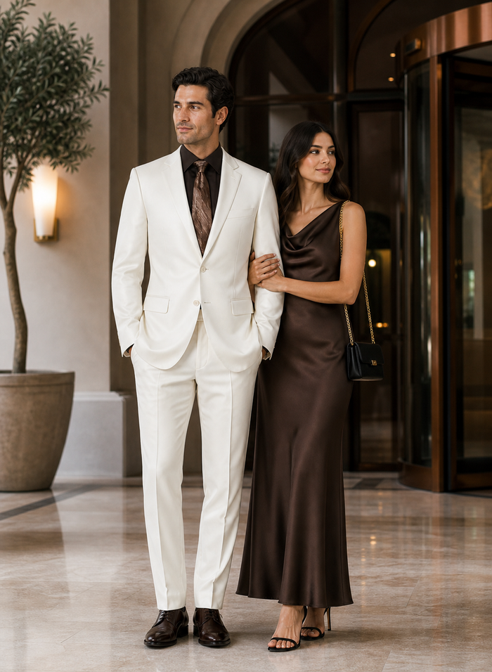 Shiny Sharkskin Metallic 2 Button Suits Off-White