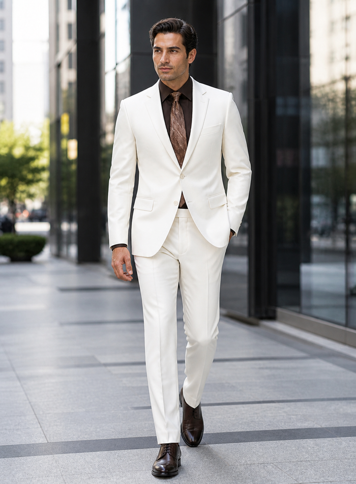 Shiny Sharkskin Metallic 2 Button Suits Off-White